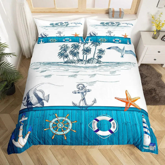 Housse De Couette 220x240cm-Parure de lit Plage avec étoiles de mer et Coquillages 1 + 2 Taies d'Oreillers - Maison Housse De Couette 220x240cm-Parure de lit Plage avec étoiles de mer et Coquillages 1 + 2 Taies d'Oreillers - Maison