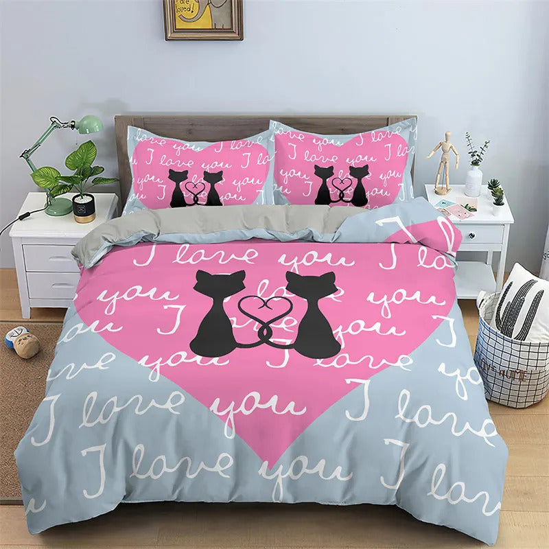 Housse de Couette Coeur - Duo de Chats | Douce-Couette.com